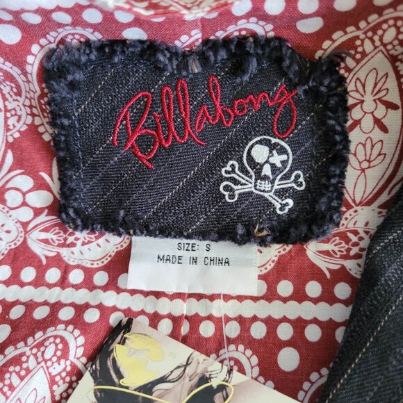 Billabong Denim Blazer Womens Small Black Pinstripe Patch Crest Academia Preppy - Picture 15 of 16